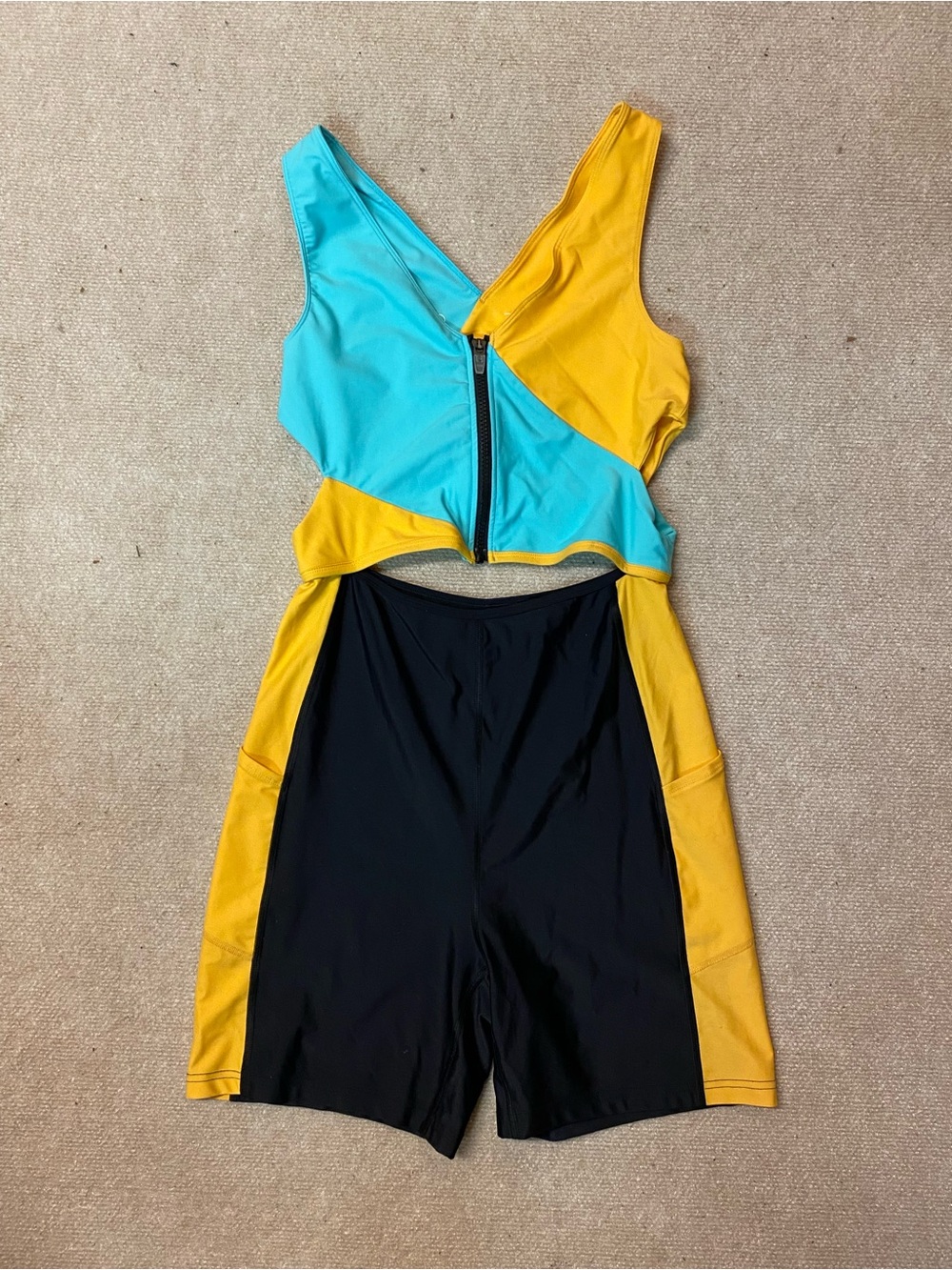 Outdoor Voices Colorblock One-Piece in Turquoise, Yellow & Black